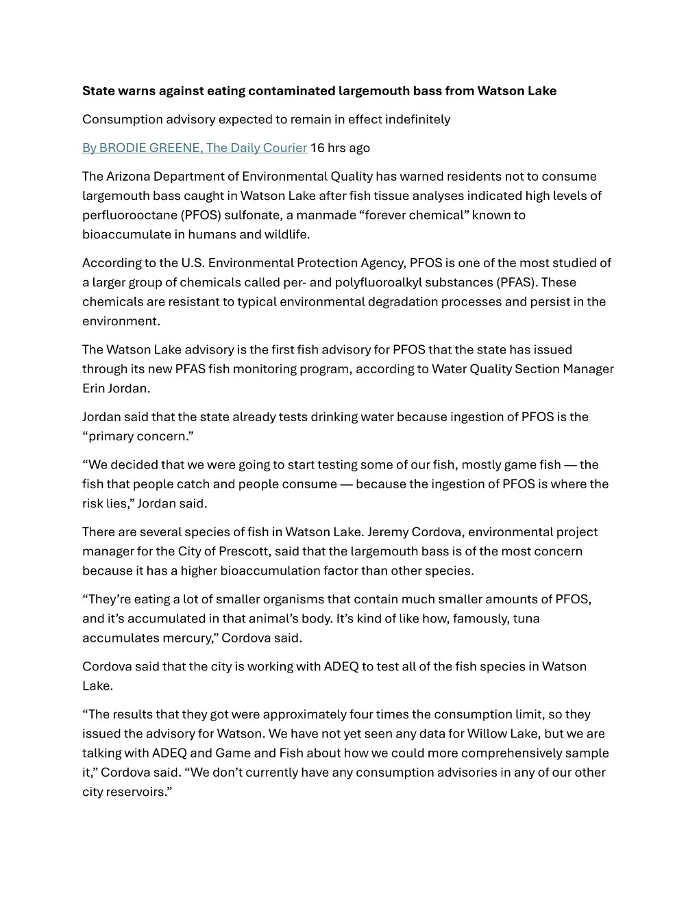 Watson Lake Fish Consumption Advisory for Largemouth Bass pg1
